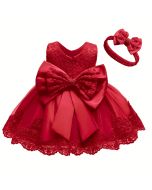 Red color premium lace fabric cutworked party frock with adjustable bow and headband