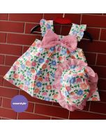 Pink floral sling summer frock with cap