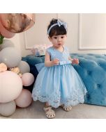 Frozen Blue color premium lace fabric cutworked party frock with adjustable bow and headband