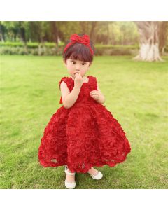 Red color full body 3D rose flower fancy party frock