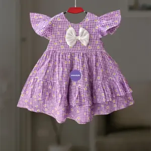 Lavender check cotton frock 2-9y (E5T3)
