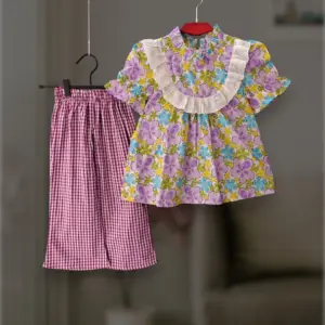 Purple floral cotton top-pant set E6T1