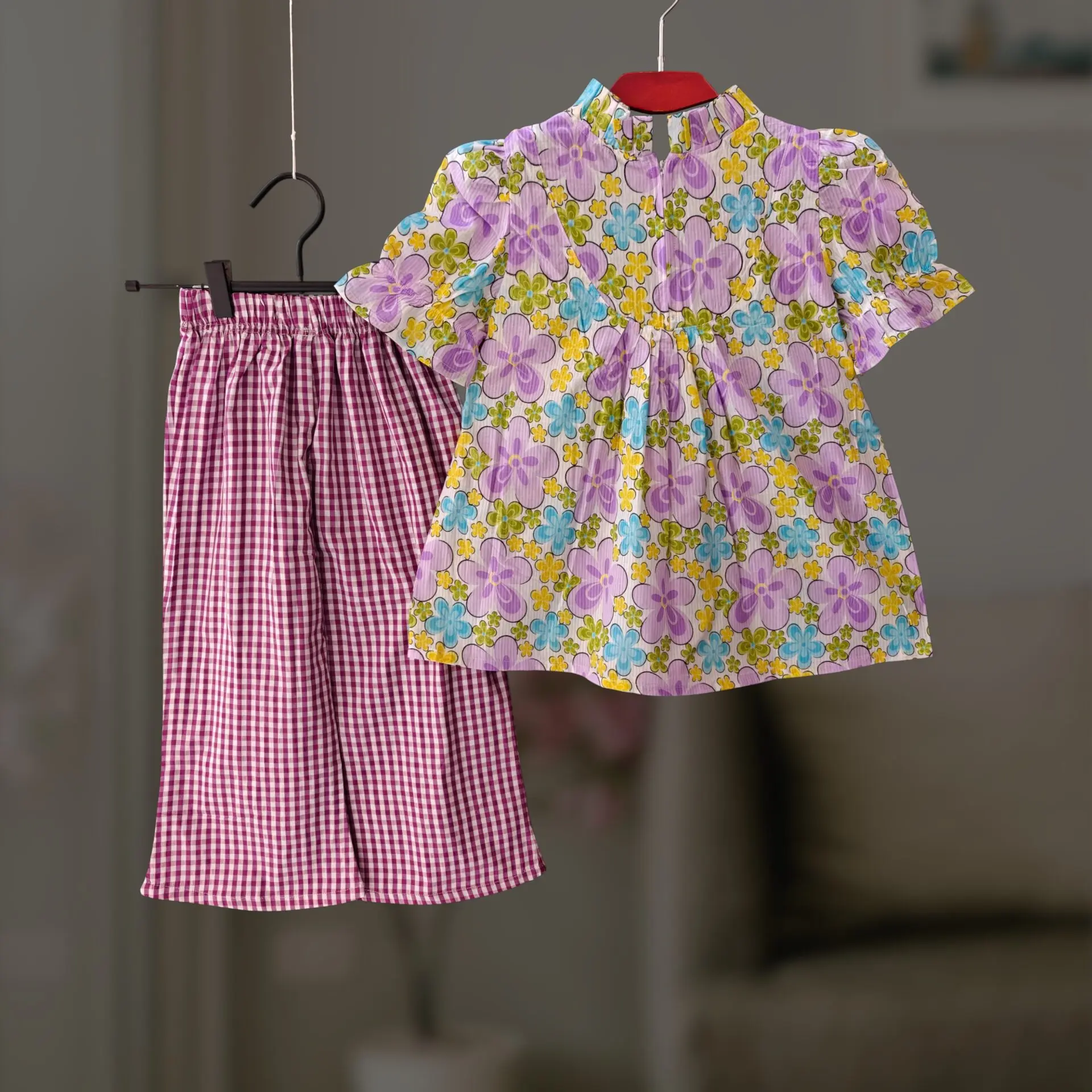 Purple floral cotton top-pant set E6T1 - Image 2