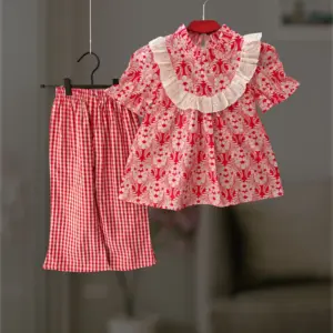 Red floral cotton top-pant set E6T2
