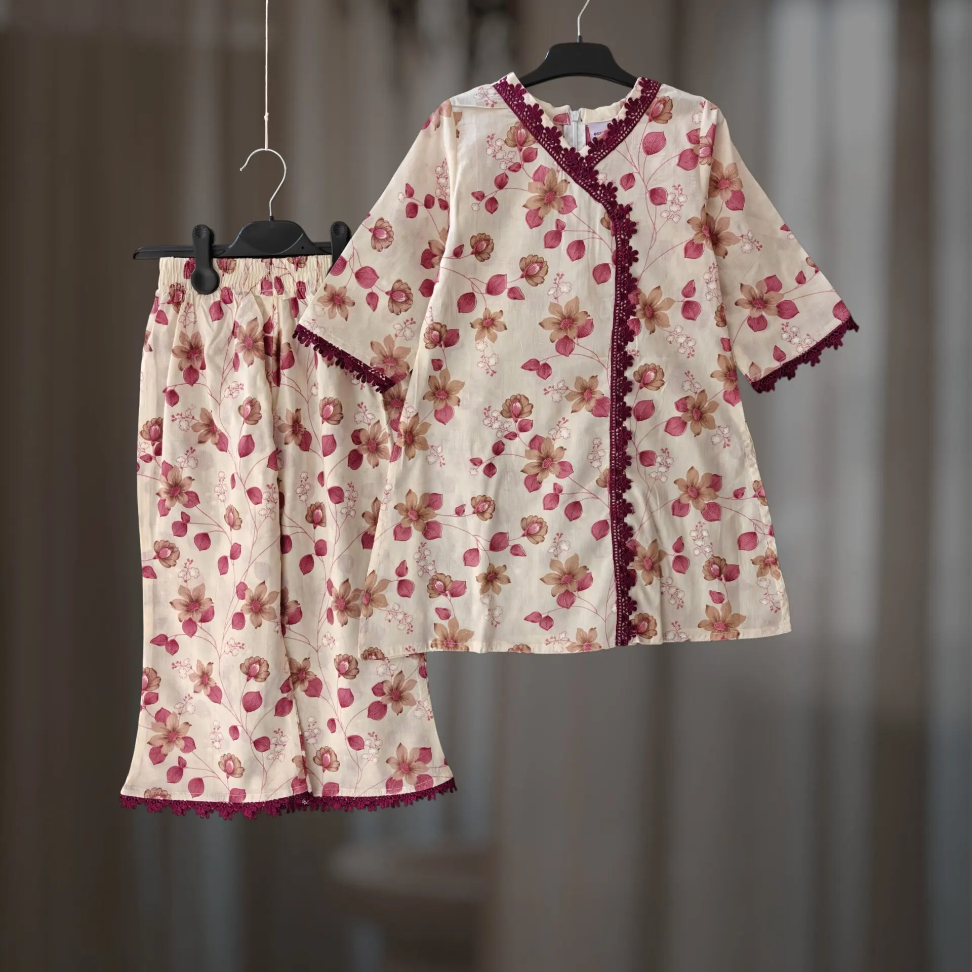 Cream jaam floral cotton kamiz-pant set E7T1