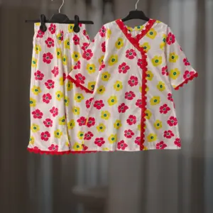 Red yellow floral cotton kamiz-pant set E7T2