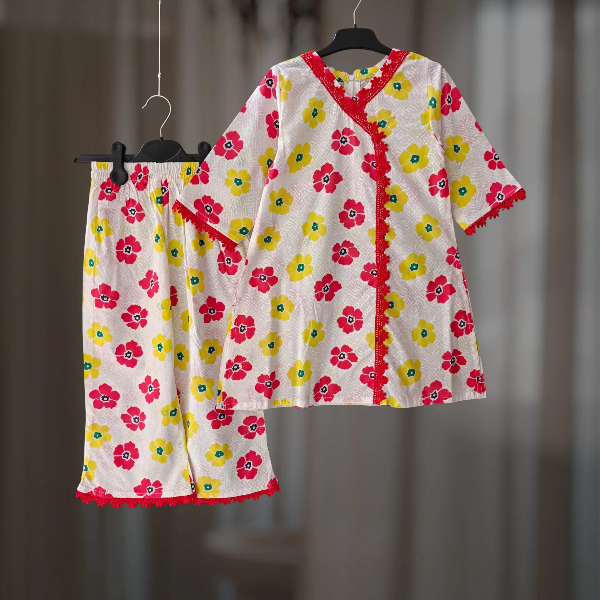 Red yellow floral cotton kamiz-pant set E7T2