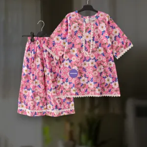 Pink floral cotton kamiz-pant set E10T2