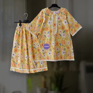 Yellow floral cotton kamiz-pant set E10T3