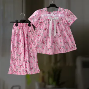 Pink floral cotton top-pant set E8T1