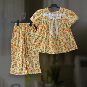 Yellow floral cotton top-pant set E8T2