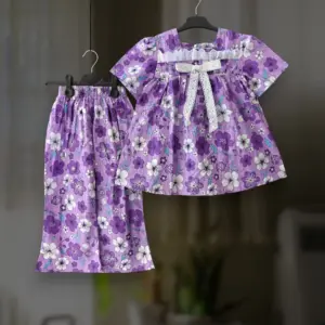 Purple floral cotton top-pant set E8T3