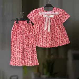 Red floral cotton top-pant set E8T4