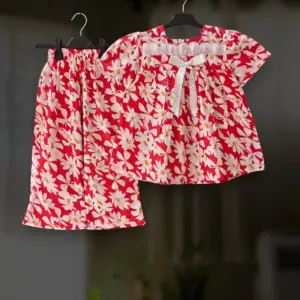 Red floral cotton top-pant set E15T1