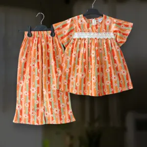 Orange Daisy cotton top-pant set E16T2