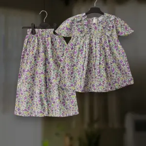 Purple floral cotton top-pant set E14T1
