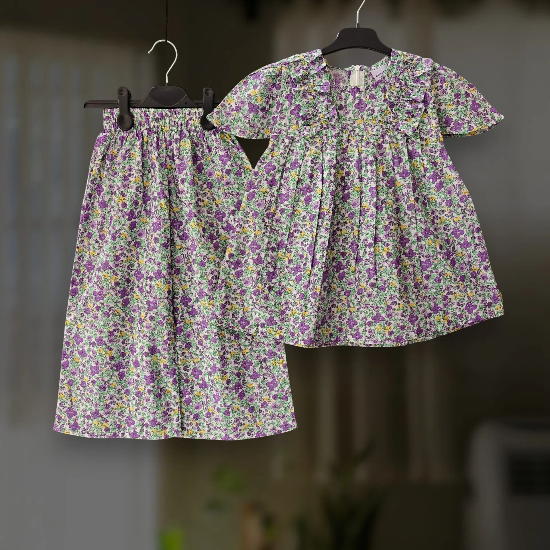 Purple floral cotton top-pant set E14T1