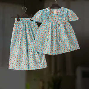Blue cherry cotton top-pant set E14T3