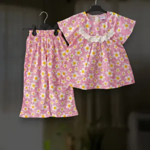 Pink floral cotton top-pant set E17T1