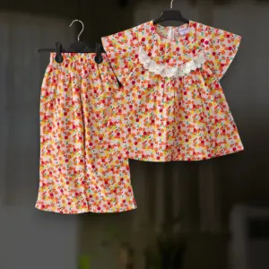 Orange floral cotton top-pant set E17T2