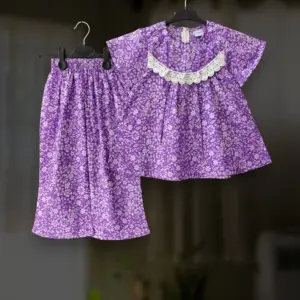 Purple floral cotton top-pant set E17T3