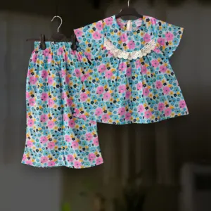 Purple floral cotton top-pant set E17T4