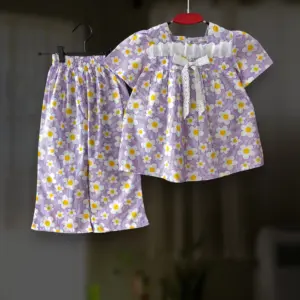 Purple floral cotton top-pant set E18T3