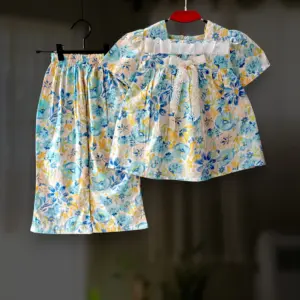Skyblue floral cotton top-pant set E18T4