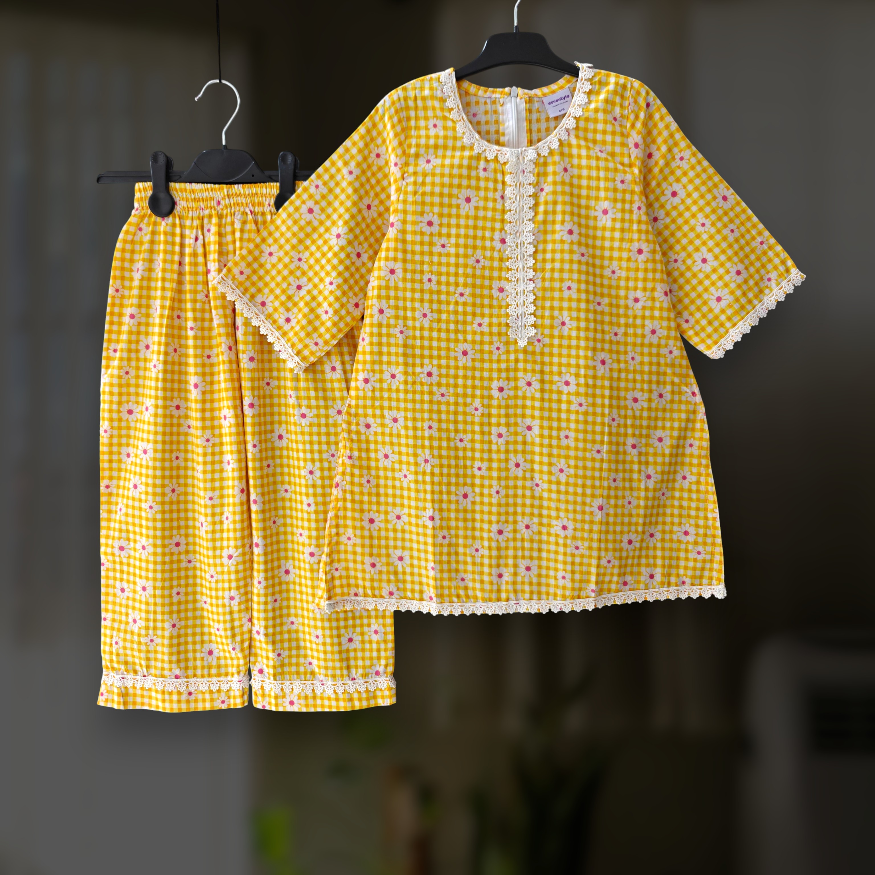 Yellow floral cotton kamiz-pant set E19T2