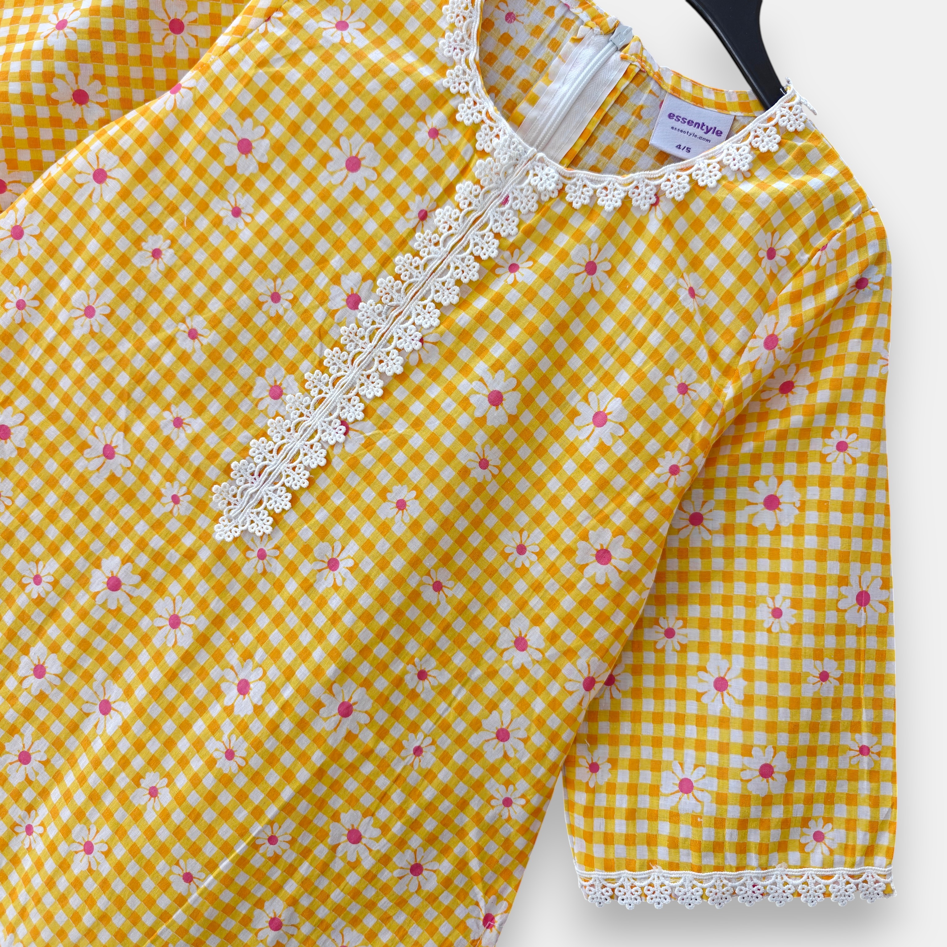 Yellow floral cotton kamiz-pant set E19T2 - Image 2