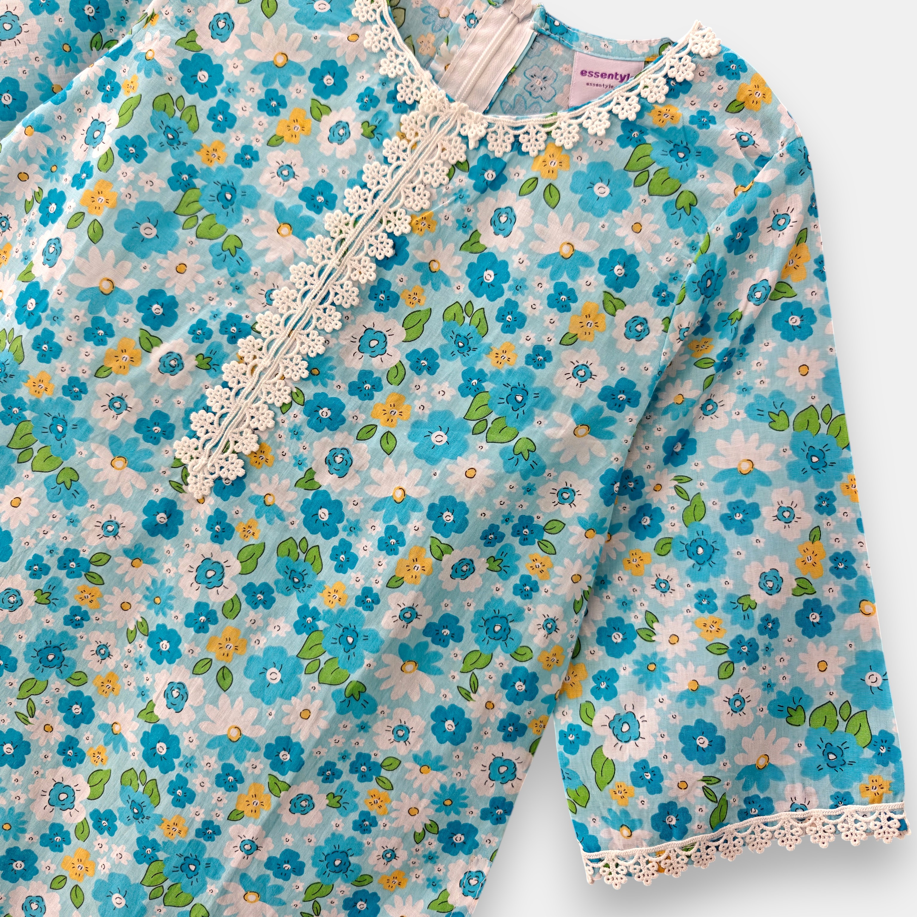 Sky blue floral cotton kamiz-pant set E19T3 - Image 2