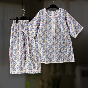Purple blue floral cotton kamiz-pant set E19T4