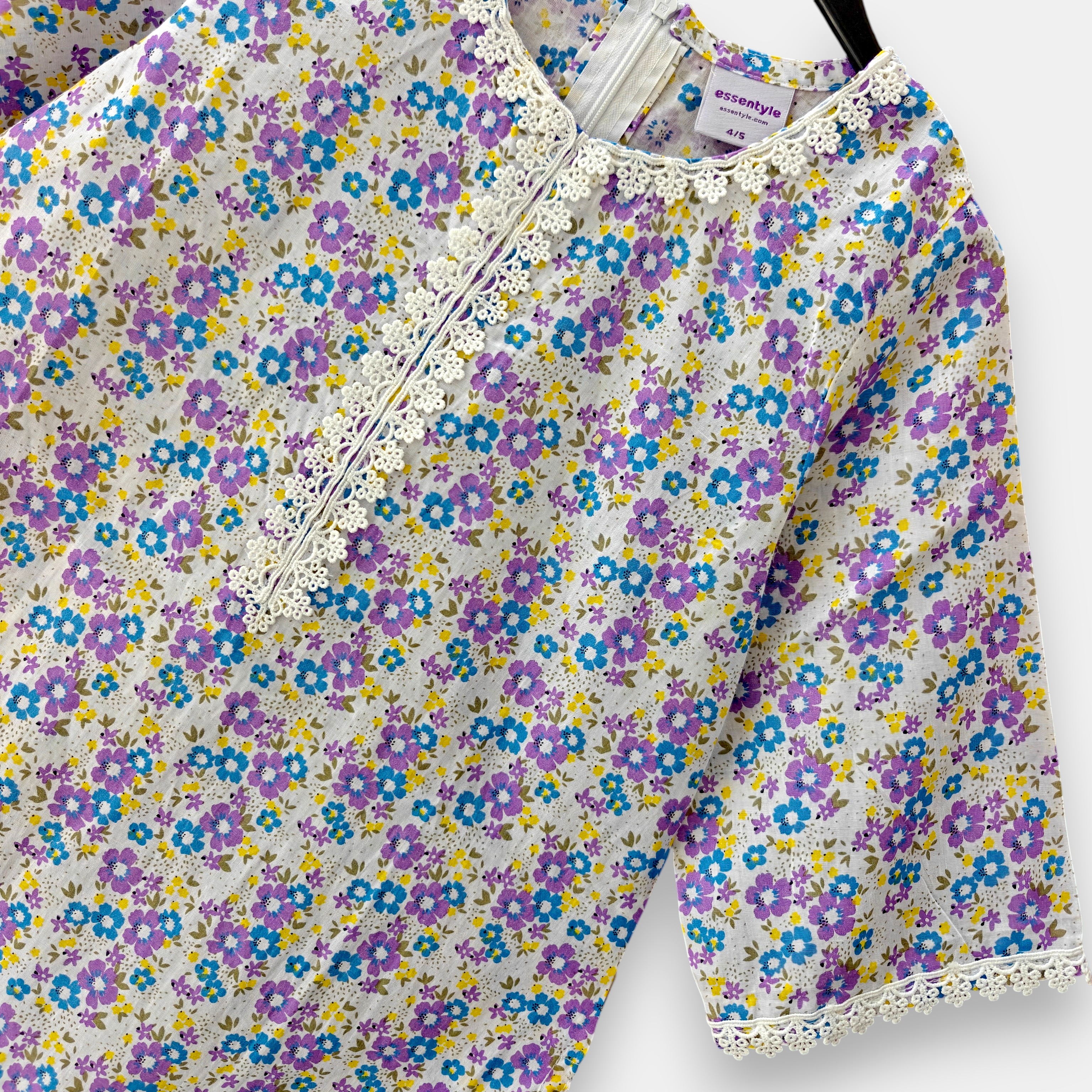 Purple blue floral cotton kamiz-pant set E19T4 - Image 2