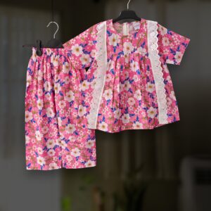 Pink floral cotton top-pant set E21T2