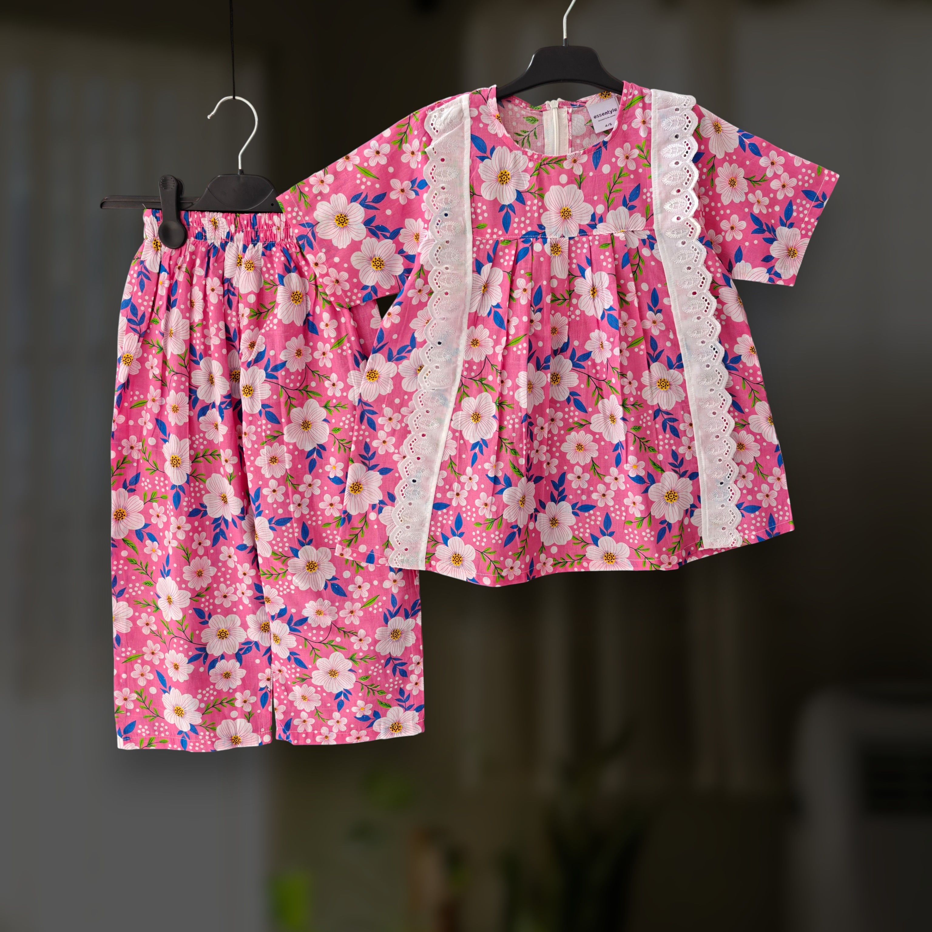 Pink floral cotton top-pant set E21T2