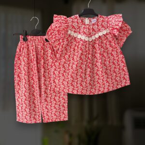 Red floral cotton top-pant set E22T1