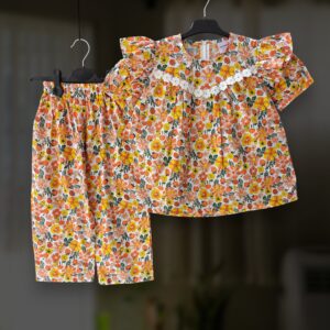 Orange floral cotton top-pant set E22T3