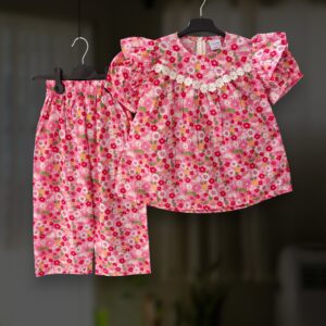 Red daisy floral cotton top-pant set E22T4