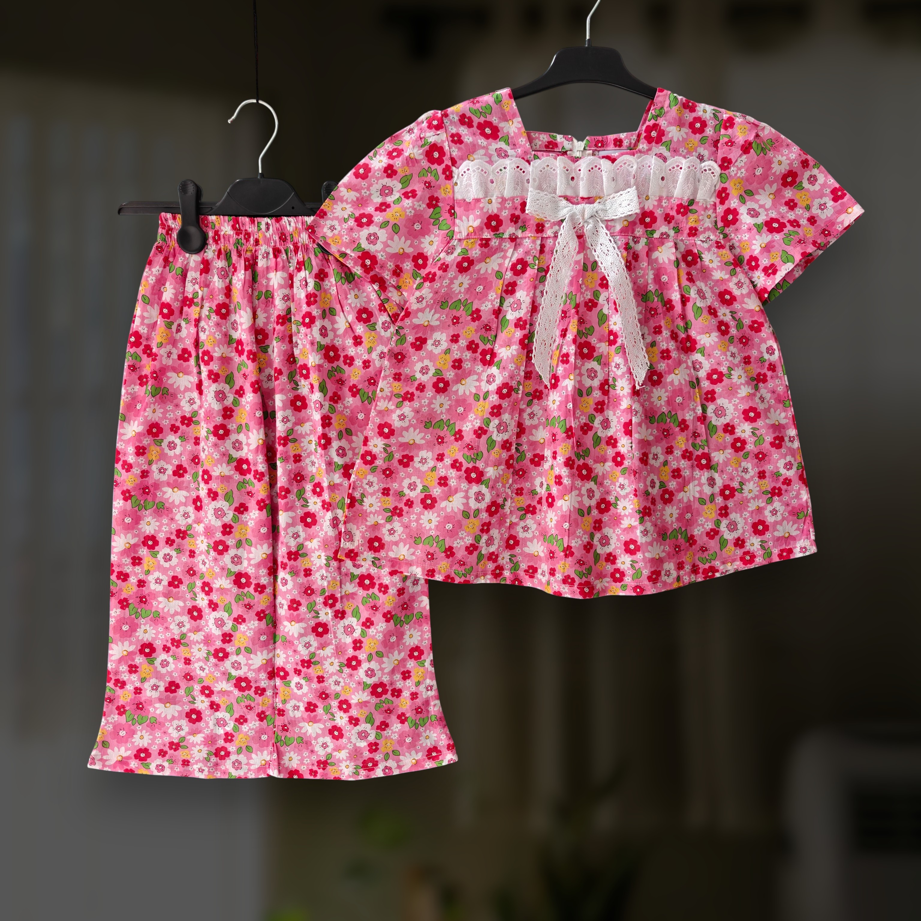 Misti red floral cotton top-pant set E23T1