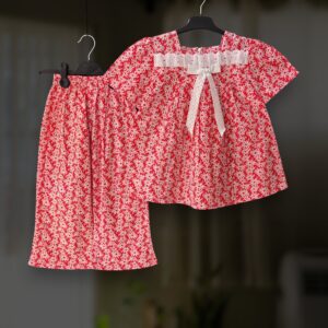 Red daisy floral cotton top-pant set E23T2