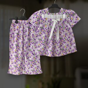 Purple floral cotton top-pant set E23T4