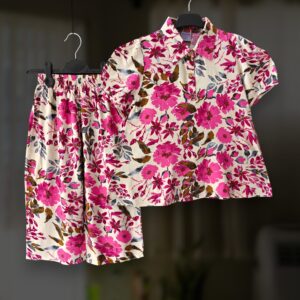 Pink floral linen top-pant set E24T1