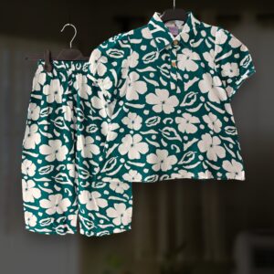 Teal floral linen top-pant set E24T2
