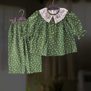 Green floral muslin top-pant set E26T2