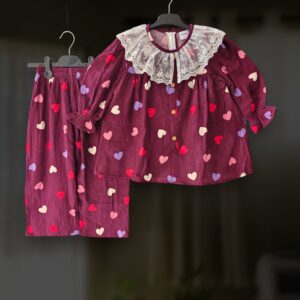 Maroon heart muslin top-pant set E26T4