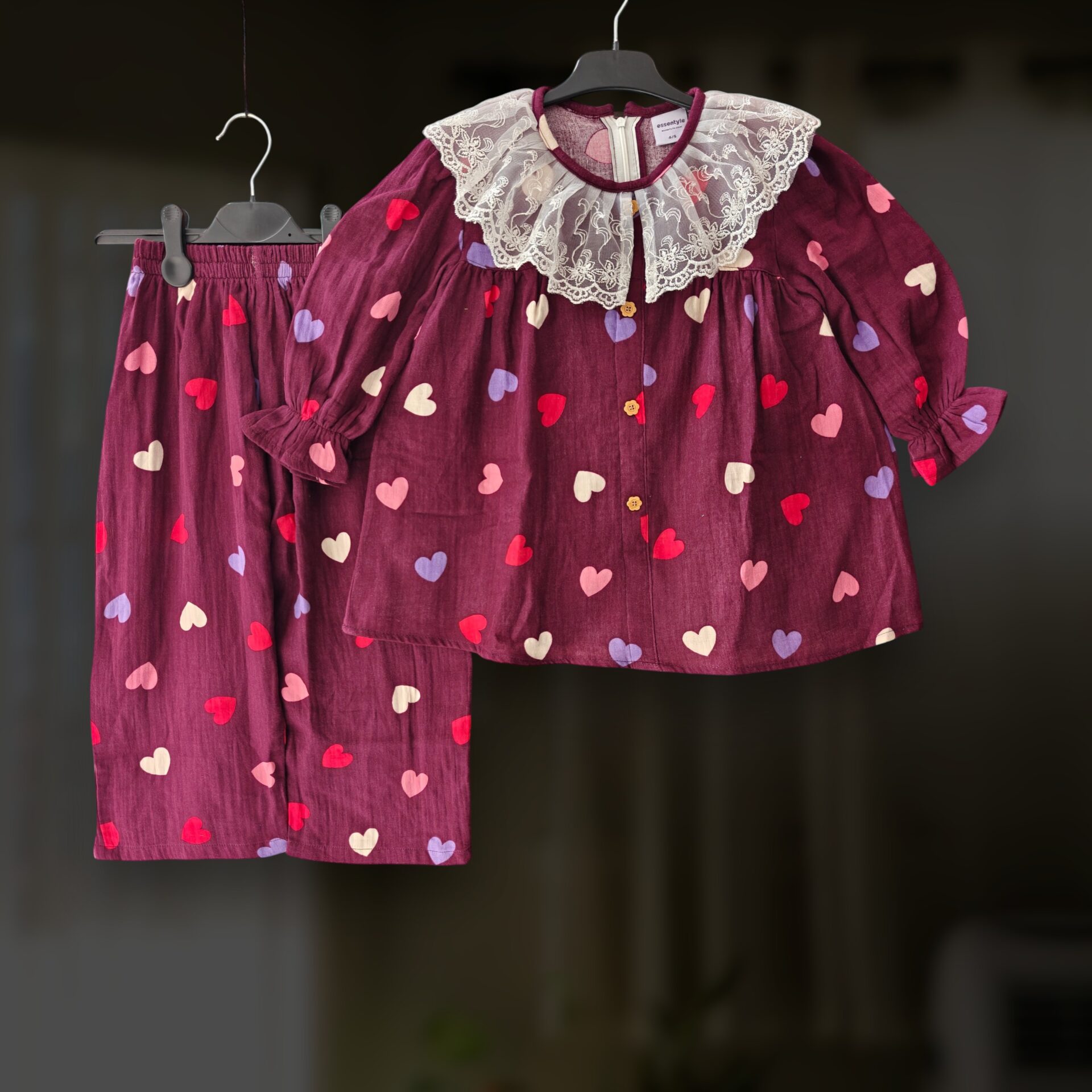 Maroon heart muslin top-pant set E26T4