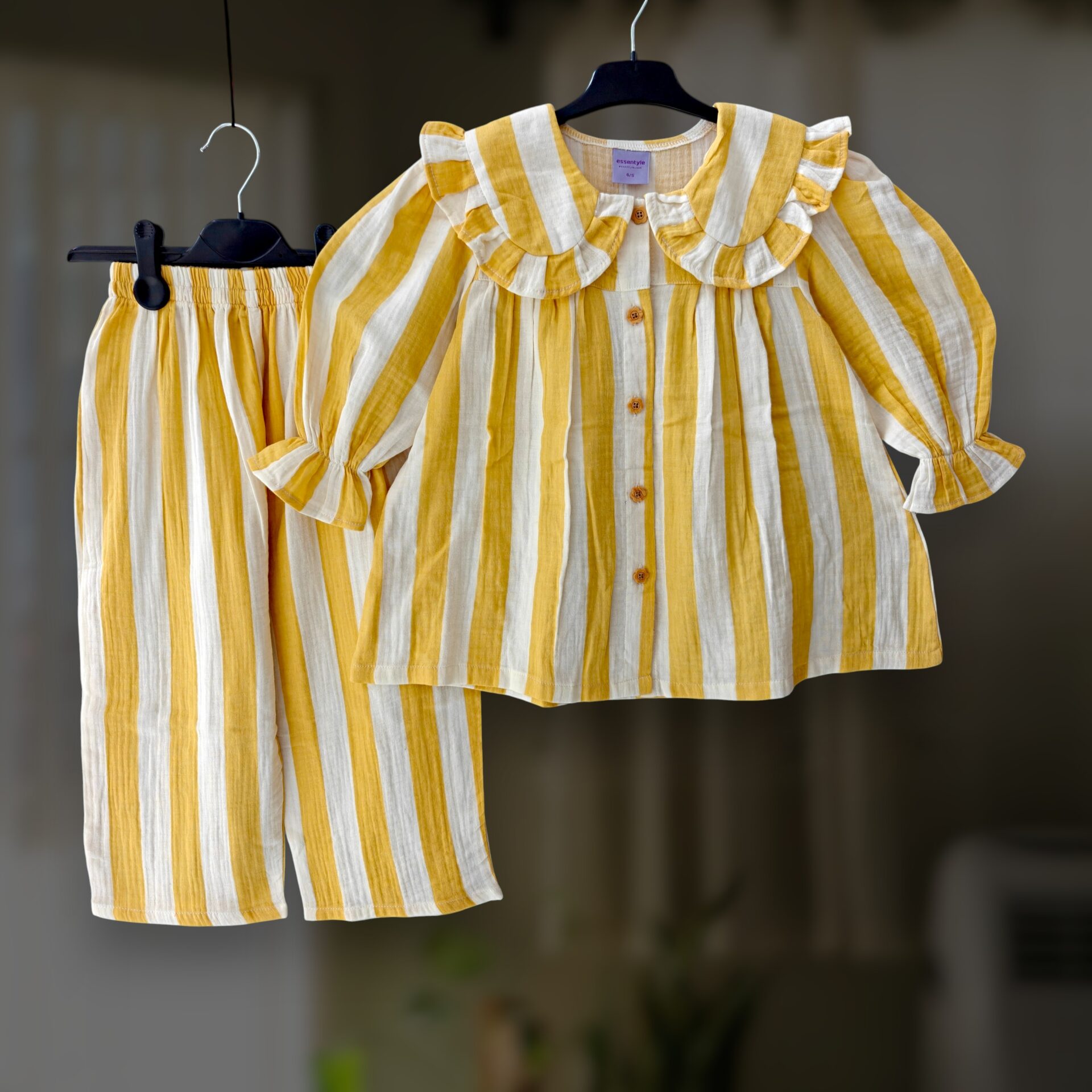 Yellow stripe muslin top-pant set E27T4