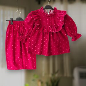 Maroon polka flannel top-pant set E28T1