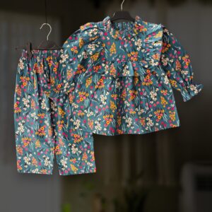 Teal yellow flannel top-pant set E28T4