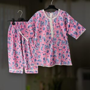 Blue pink floral cotton kamiz-pant set E29T3